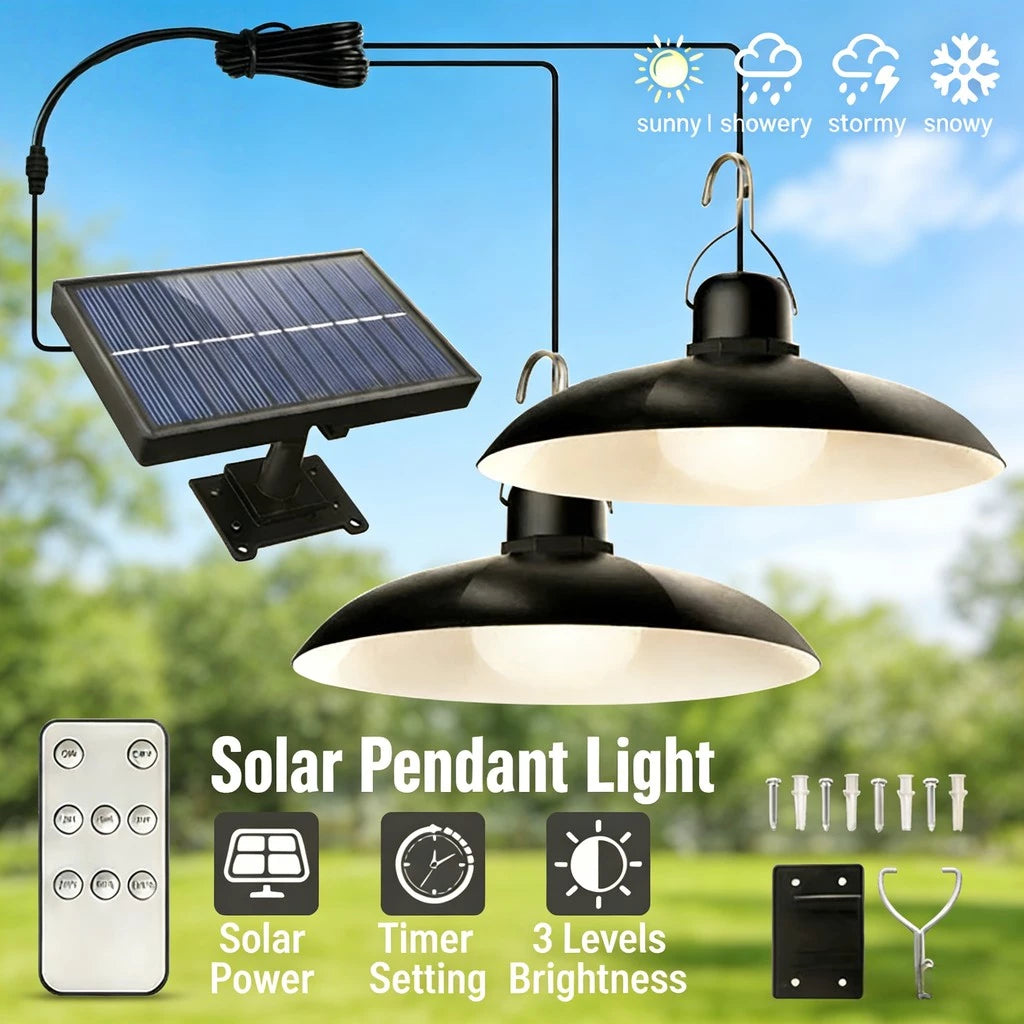 Solar Pendant Light With Remote Control Outdoor Waterproof LED Hanging Lamp 2 Head Ceiling Light