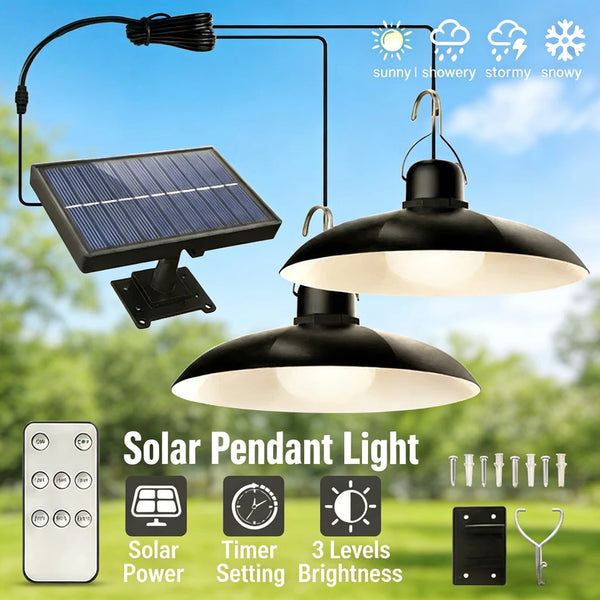 Solar Pendant Light With Remote Control Outdoor Waterproof LED Hanging Lamp 2 Head Ceiling Light