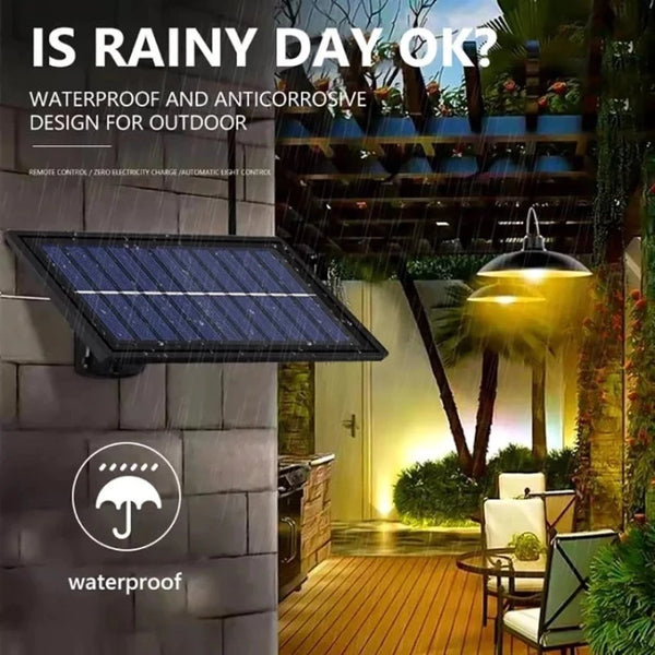 Solar Pendant Light With Remote Control Outdoor Waterproof LED Hanging Lamp 2 Head Ceiling Light