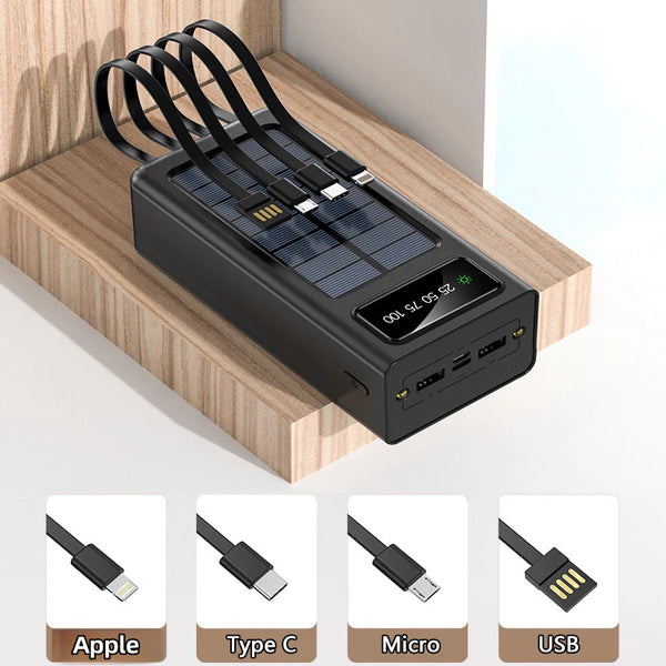 PowerBank Original Solar Powerbank Waterproof with 4 Cables Fast Charger Digital