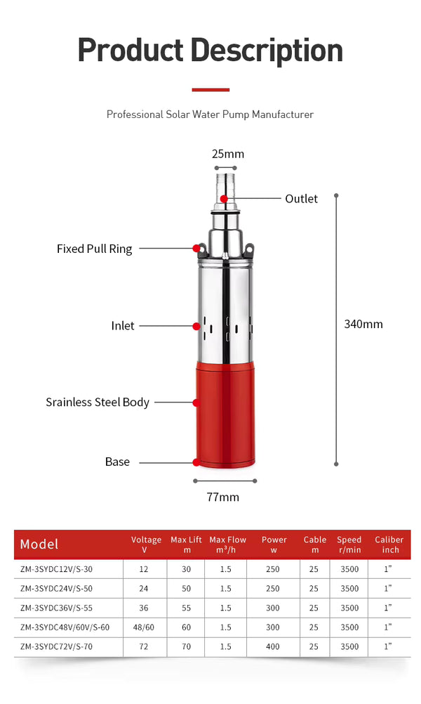 Solar DC Screw Pump 12v24v36v48v60v72v High Lift Pure Copper Motor High Quality Screw Pump for Agricultural Irrigation Well